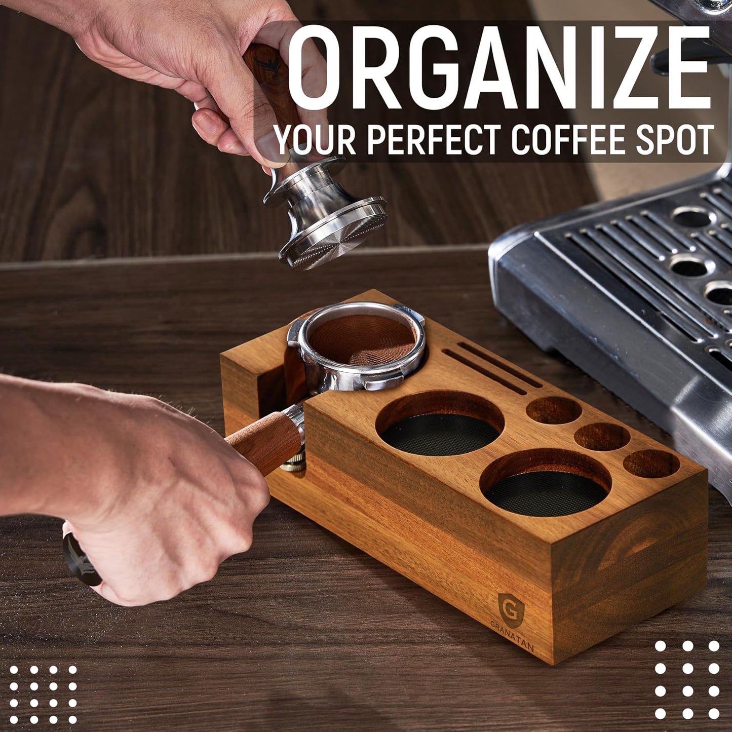 Espresso Tamping Station for 54 mm and 58 mm Portafilters | Acacia Wood Coffee Tool Organizer with Adjustable Support and Rubber Feet