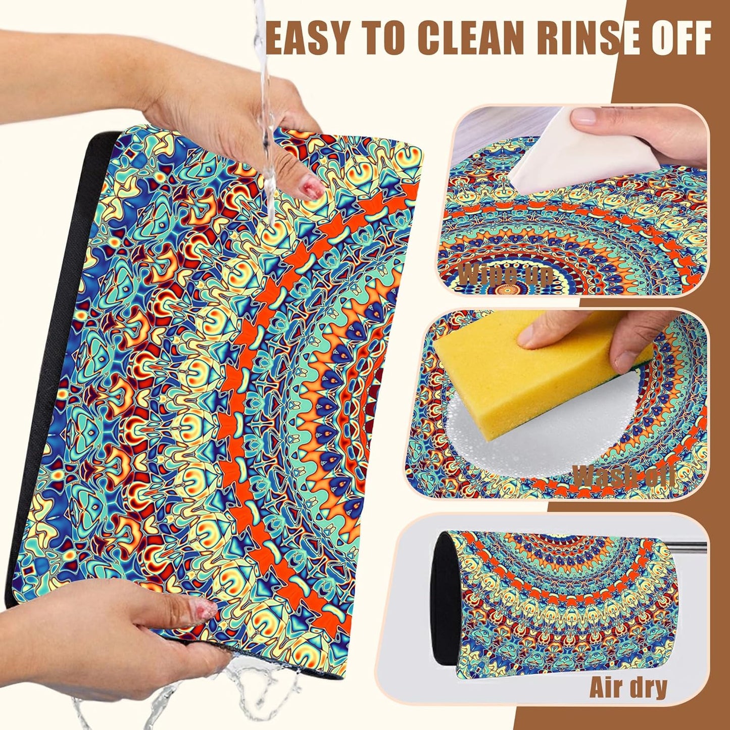 Boho Mandala Ethnic Coffee Mat Absorbent Dish Drying Mat for Kitchen Counter Hide Stain Rubber Backed Coffee Bar Accessories Fit Under Espresso Machine Dish Drainer 11.8 x 19.7 Inch