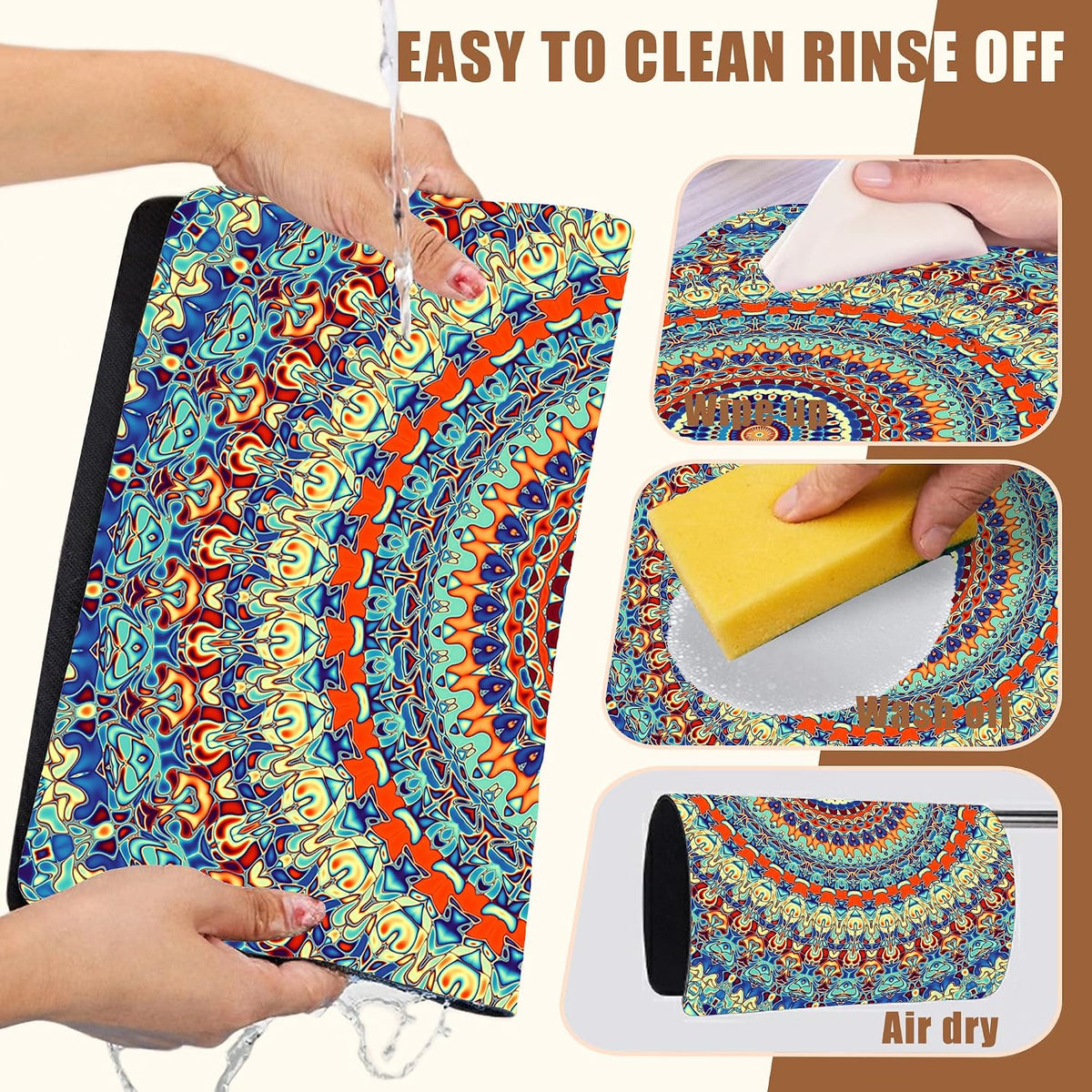 Boho Mandala Ethnic Coffee Mat Absorbent Dish Drying Mat for Kitchen Counter Hide Stain Rubber Backed Coffee Bar Accessories Fit Under Espresso Machine Dish Drainer 11.8 x 19.7 Inch