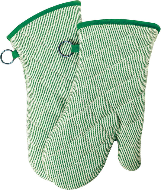 1 Pair Yarn Dyed Oven Mitts 100% Cotton Heat Resistant 470 Degree Gloves Men Women Cooking Baking Barbecue BBQ Microwave Crafting Machine Washable Pot Holders Mittens (Green)