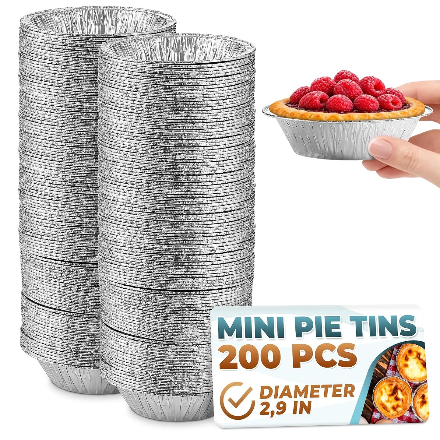 LEGLO Mini Pie Tins 3 Inch, 200 Pack Small Disposable Aluminum Foil Pans | Mini Tart Pans Hold Desserts and Catering Portions - Durable, Stackable, Oven Safe, Freezer Safe, Ready for Meal Prep Batches