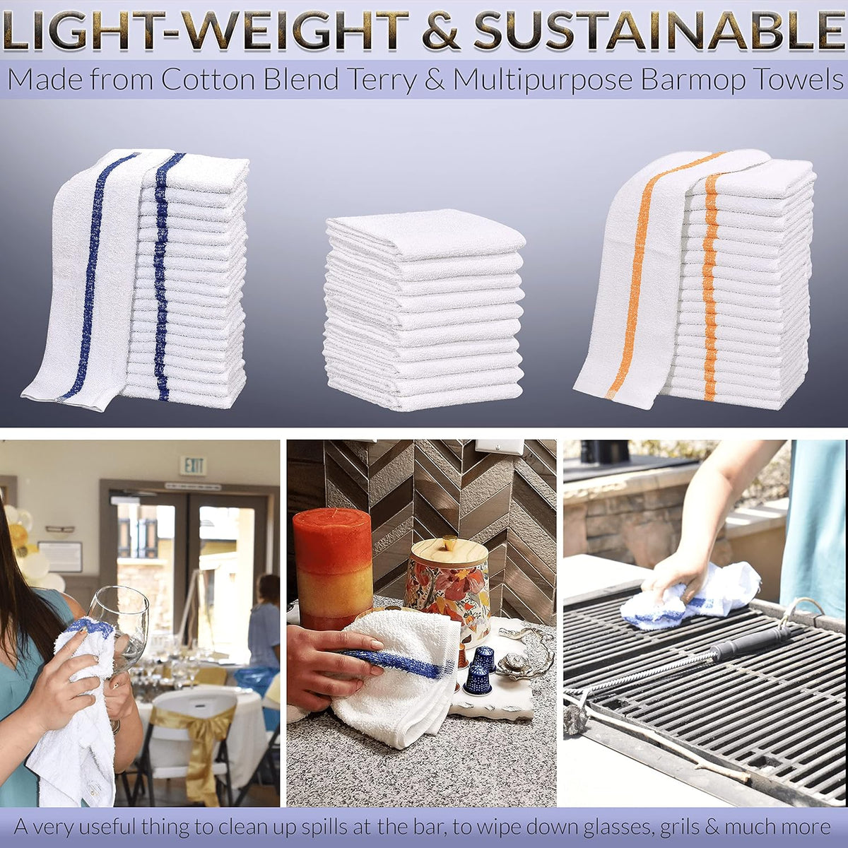 New Cotton Blend White Restaurant Bar Mops Kitchen Towels (36, Gold Stripe)