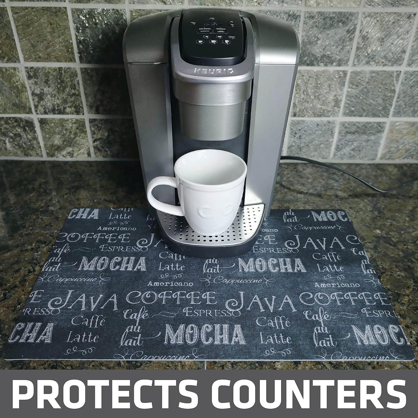 Drymate Coffee Maker Mat, (Coffee Station Bar Accessory) Protects Kitchen Countertops From Spills, Stains &amp; Scratches, Absorbent, Waterproof, Washable (USA Made) (12” x 20”) (Java Chalkboard)