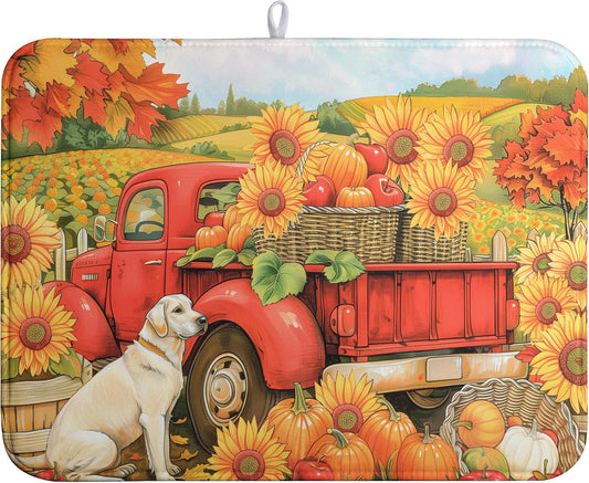 Sunflower Dish Drying Mat Pumpkin Fall Dish Drying Pad Thanksgiving Kitchen Drying Mat Truck Dish Drying Matt Autumn Harvest