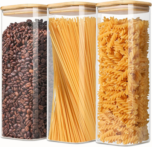 2.2 Qt Square Glass Storage Containers with Lids, Clear Food Storage Container Jar with Sealing Bamboo Lid Storage