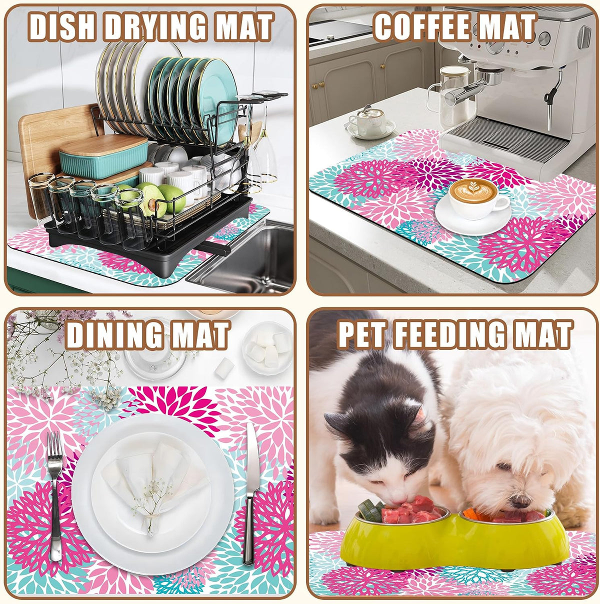 Pink Blue Chrysanthemum Flowers Dish Drying Mat for Kitchen Counter Coffee Bar Mat Hide Stain Absorbent Rubber Backed Drying Rack Pad Espresso Machine Coffee Bar Accessories 11.8 x 19.7 Inch
