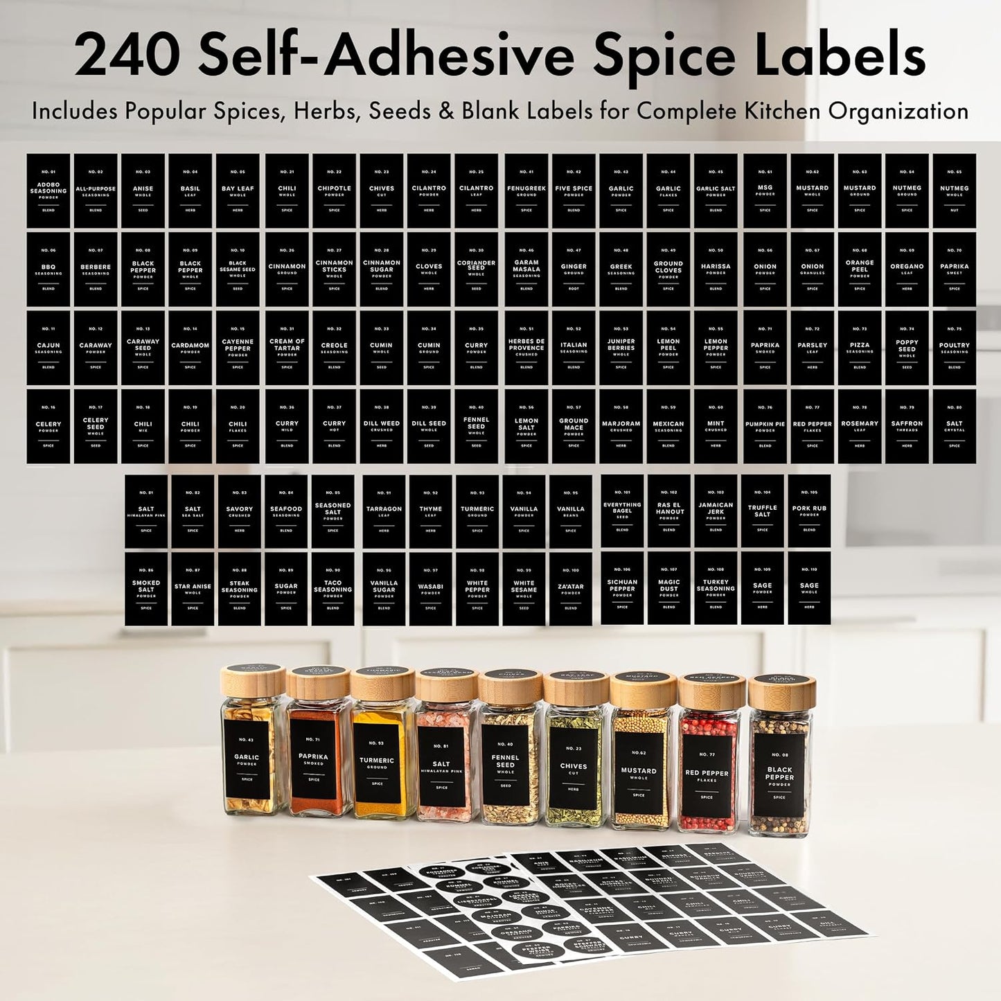 EDELHAUS Glass Spice Jars with Label, 24x Bamboo Wooden Lids - Black Labels | Airtight Lids keep spices fresh, Kitchen Spice Drawer Organizer, 4oz Seasoning Containers incl. Funnel, Brush &amp; 240 Labels