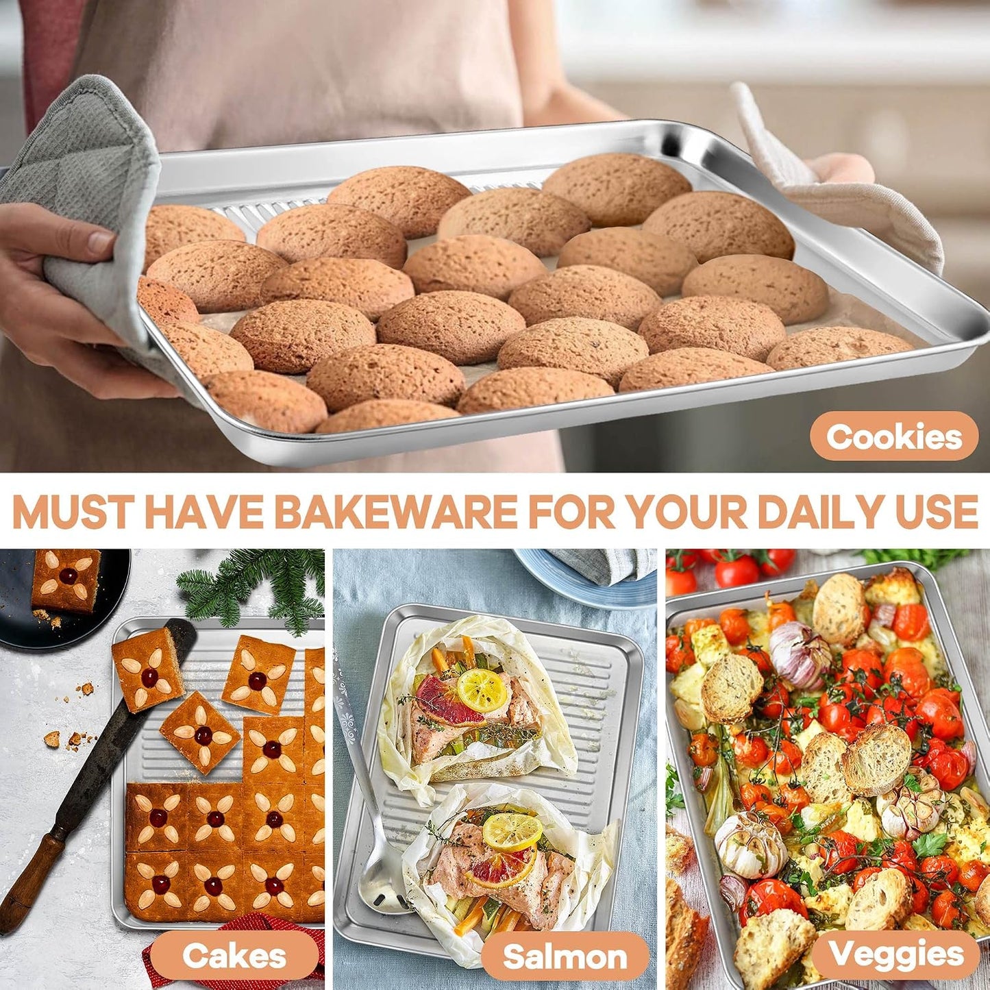 P&amp;P CHEF Baking Pan with Wire Rack, Oven Sheet Tray, 12.5 x 9.7 x 1 Inch | Stainless Steel Bacon Pan with Cooling Rack for Cooking Roasting Cookie, Dishwasher Safe &amp; Easy Clean,Heavy Duty &amp; Healthy