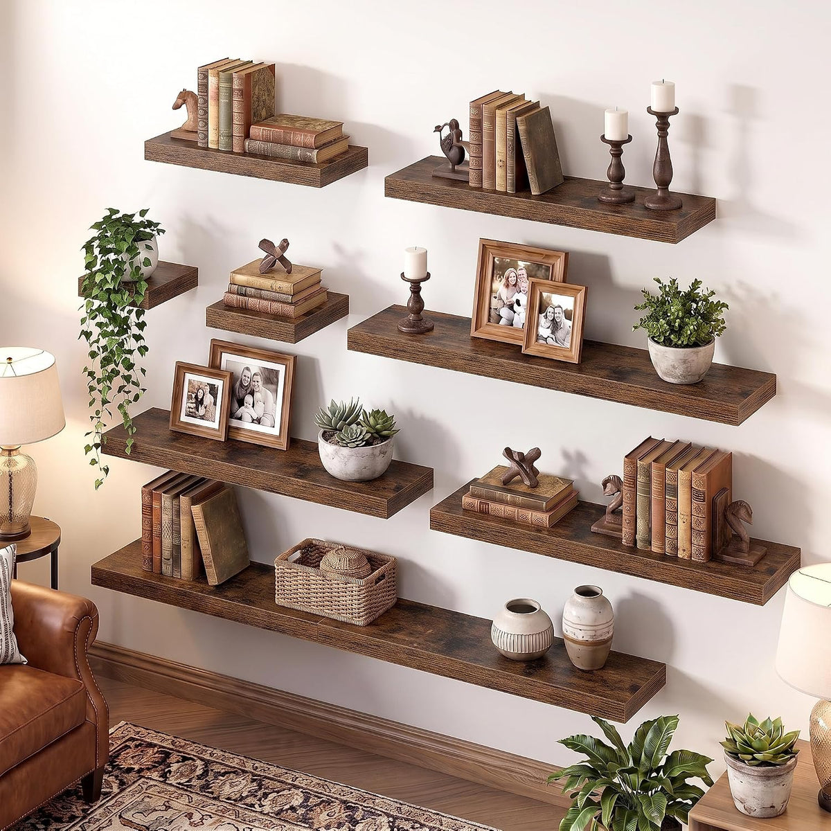 40" Floating Shelves for Wall, Wooden Wall Mounted Shelf, Set of 2, Brown