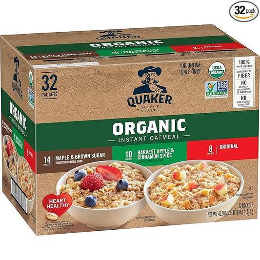 QUAKER Instant Oatmeal, USDA Organic, Non-GMO Project Verified, 3 Flavor Variety Pack, Individual Packets, 32 Count (Pack of