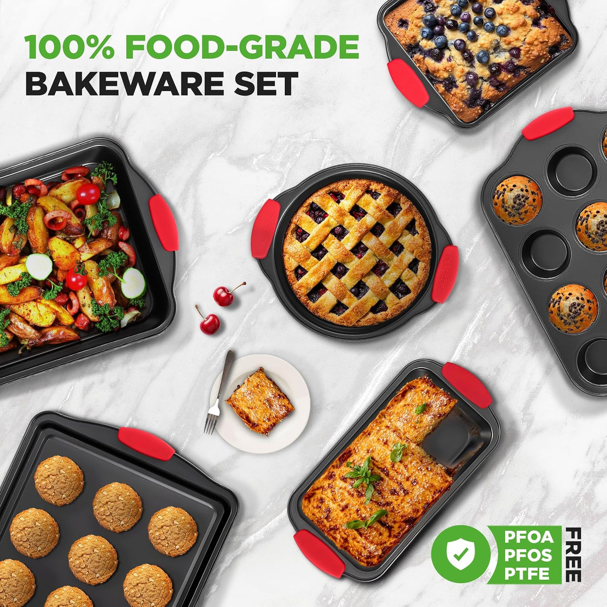 NutriChef Baking Pans Set - 6 Piece Bakeware with Nonstick Carbon Steel for Easy Release and Cleanup, Durable and Versatile Design, Includes Cookie Sheet, Loaf Pan, Muffin Tin &amp; More