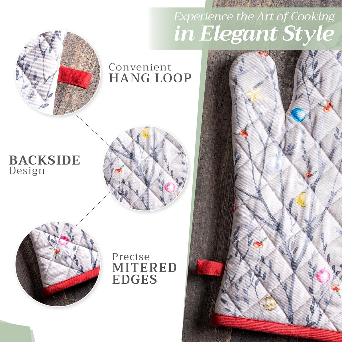Maison d' Hermine 100% Cotton Oven Mitt & Pot Holder Set (7.5"x13" & 8"x8") Heat Resistant BBQ Cooking Gloves with Loop, Baking, Grilling, Kitchen, Handling Hot Pans (Fairy Christmas)