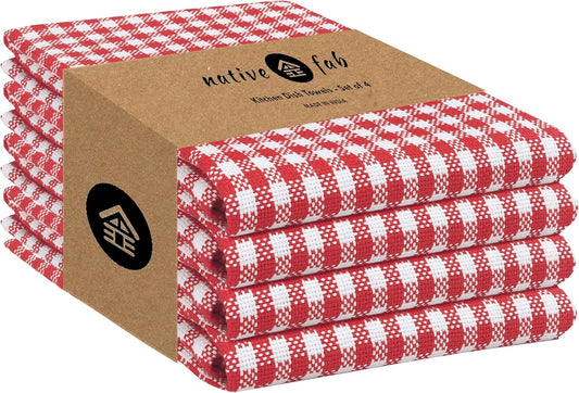 Native Fab Gingham Cotton Kitchen Towel 4 Pack 16"x26" - Absorbent Tea Linen Towels, Dish Cloths, Restaurant Cleaning Towel,