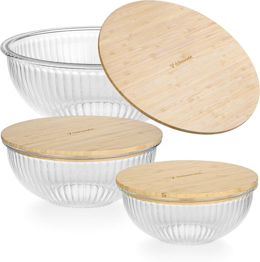 Stackable Space-Saving Nesting Set of 3 Glass Bowls with Bamboo Lids for Foodprep, Storage, Mixing & Cooking - Microwave &