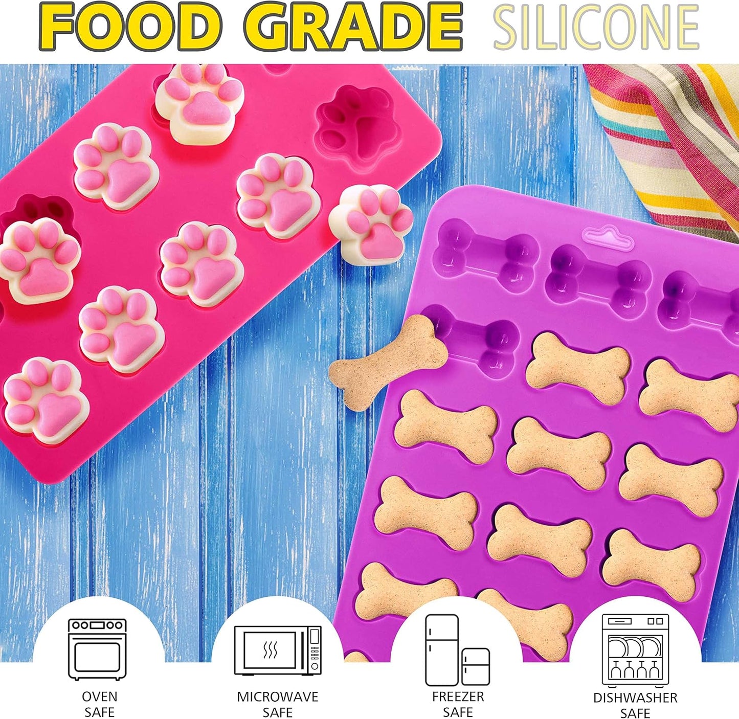 Anaeat Reusable Silicone Molds with Puppy Dog Paw and Bone Shaped, Flexible &amp; Non-Stick Ice Cube Tray, Candy and Chocolate Making Mold for Homemade Baking Dog Treats, Jelly, Biscuit &amp; Cupcake (2 Pack)