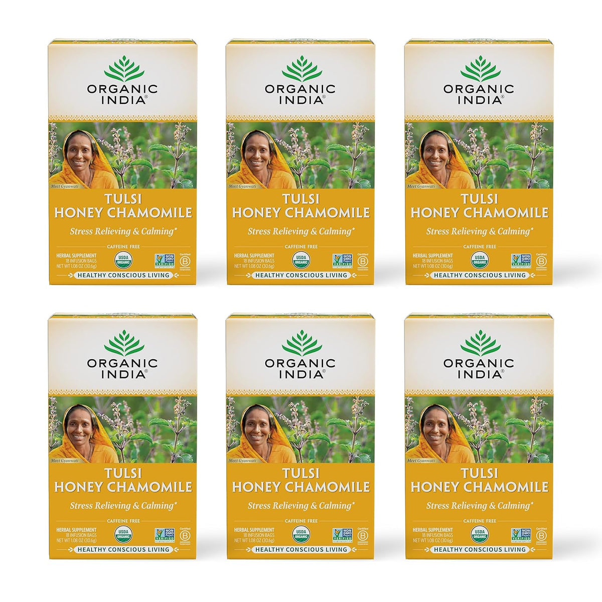 Organic India Tulsi Honey Chamomile Herbal Tea - Holy Basil, Stress Relieving &amp; Calming, Immune Support, Adaptogen, Vegan, USDA Certified Organic, Caffeine-Free - 18 Infusion Bags, 6 Pack
