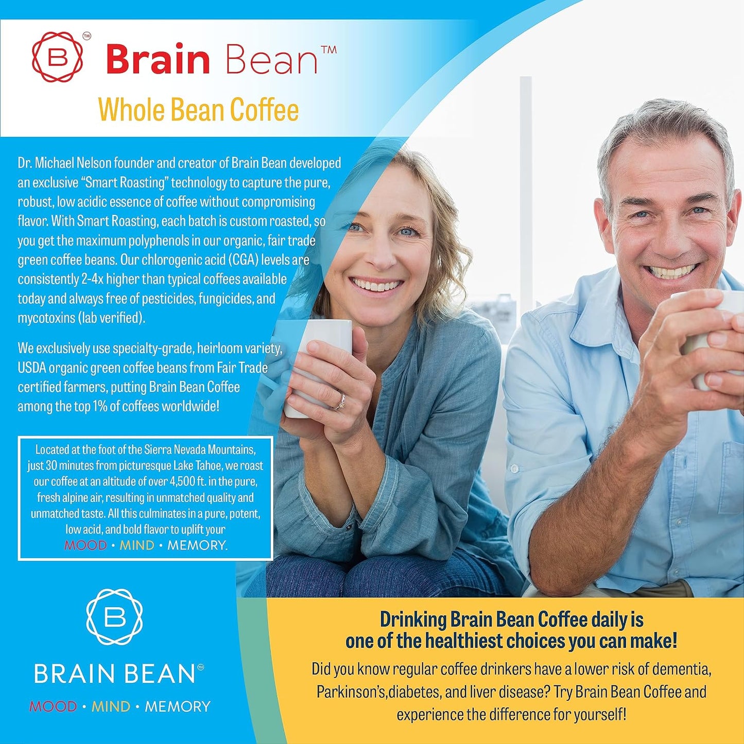 Brain Bean Organic Coffee – USDA Certified Organic Whole Bean Medium Roast – Premium Specialty Coffee – Fresh Roasted for Rich Aroma &amp; Smooth Balanced Flavor – 16 oz