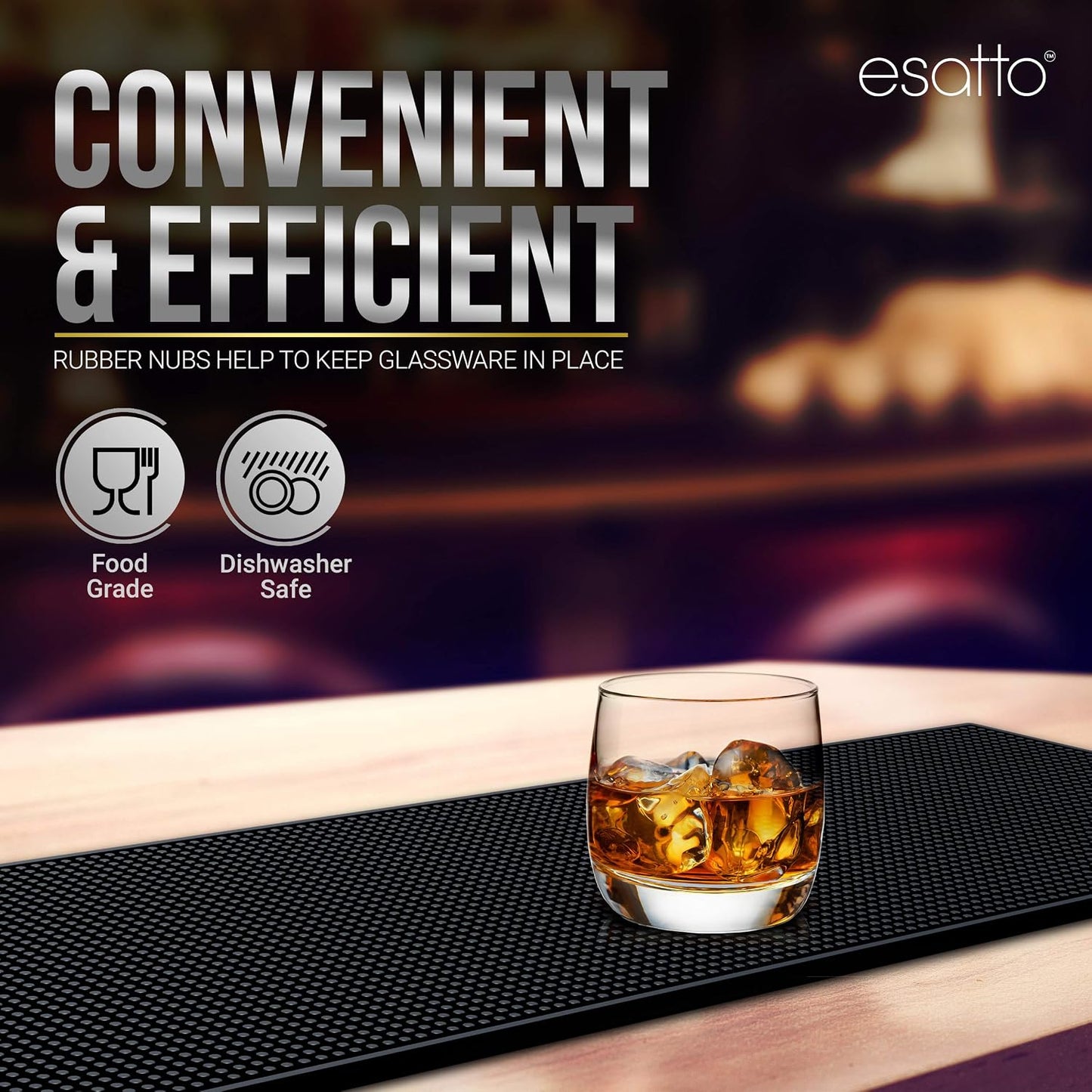 Esatto 23.375” x 7.75” Double Width Professional Spill Bar Supply Mat Bartender Non-Slip Black Bar Mat Coffee Drinks Mixing Pad for Bars, Home, Kitchen, Restaurants (2 Pack, Black)