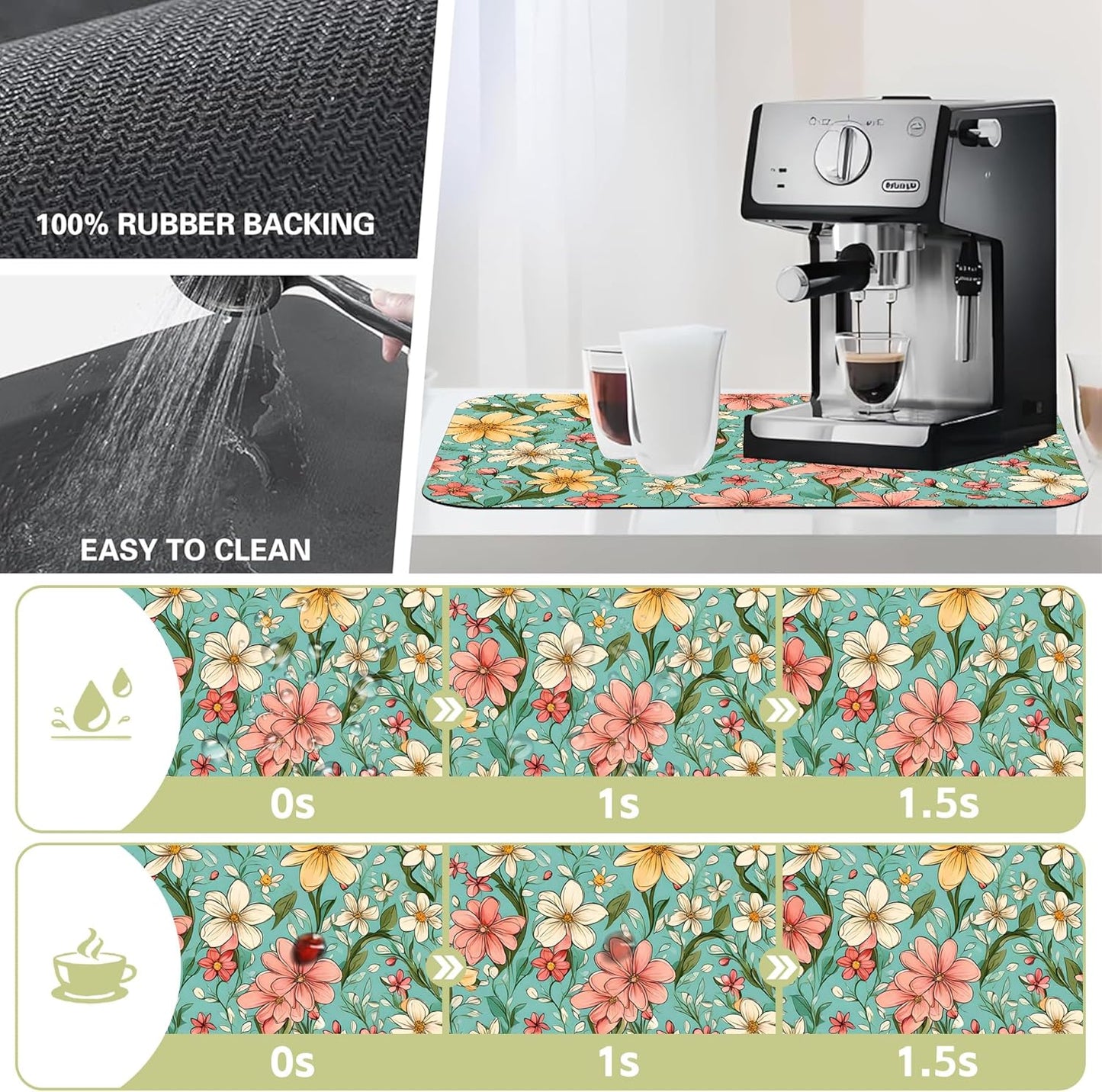 Dish Drying Mat Spring Flower Kitchen Mat 12"x19" Bsorbent Coffee Maker Mat for Dishes,Utensils Coffee Maker Pots and Pans Easy Clean Dish Slip Resistant Pad