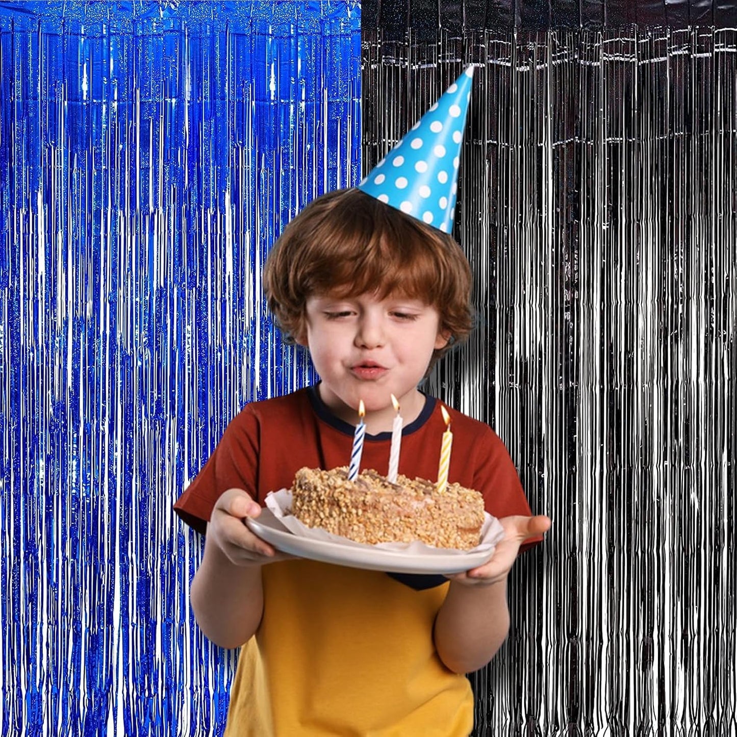 BRAVESHINE Foil Fringe Curtains | Metallic Tinsel Party Steamers Backdrop | Black Blue | 3.2x8.2ft | for Graduation/16th/30thBoy/Men/Birthday/Retirement/Homecoming/Ocean/Bachelorette Party Decorations