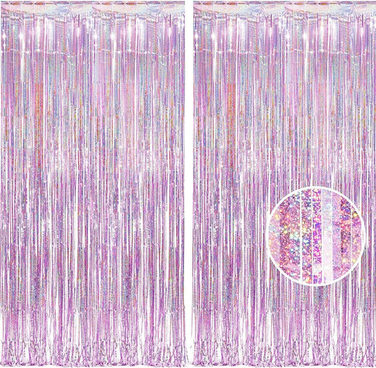 BRAVESHINE Pink Streamers Tinsel Foil Fringe Curtains - 2Pcs 3.2x8.2ft Metallic Photo Booths Backdrop for