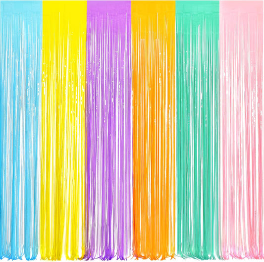 BRAVESHINE Tinsel Foil Fringe Curtains - 2Pcs 3.2x8.2ft Pastel Colourful Photo Backdrop for Sweet Birthdays Easter Bunny