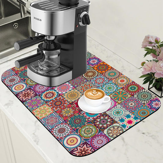 Vintage Mexican Ethnic Mandala Dish Drying Mat for Kitchen Counter Bar Mat Hide Stain Absorbent Rubber Backed Coffee Maker