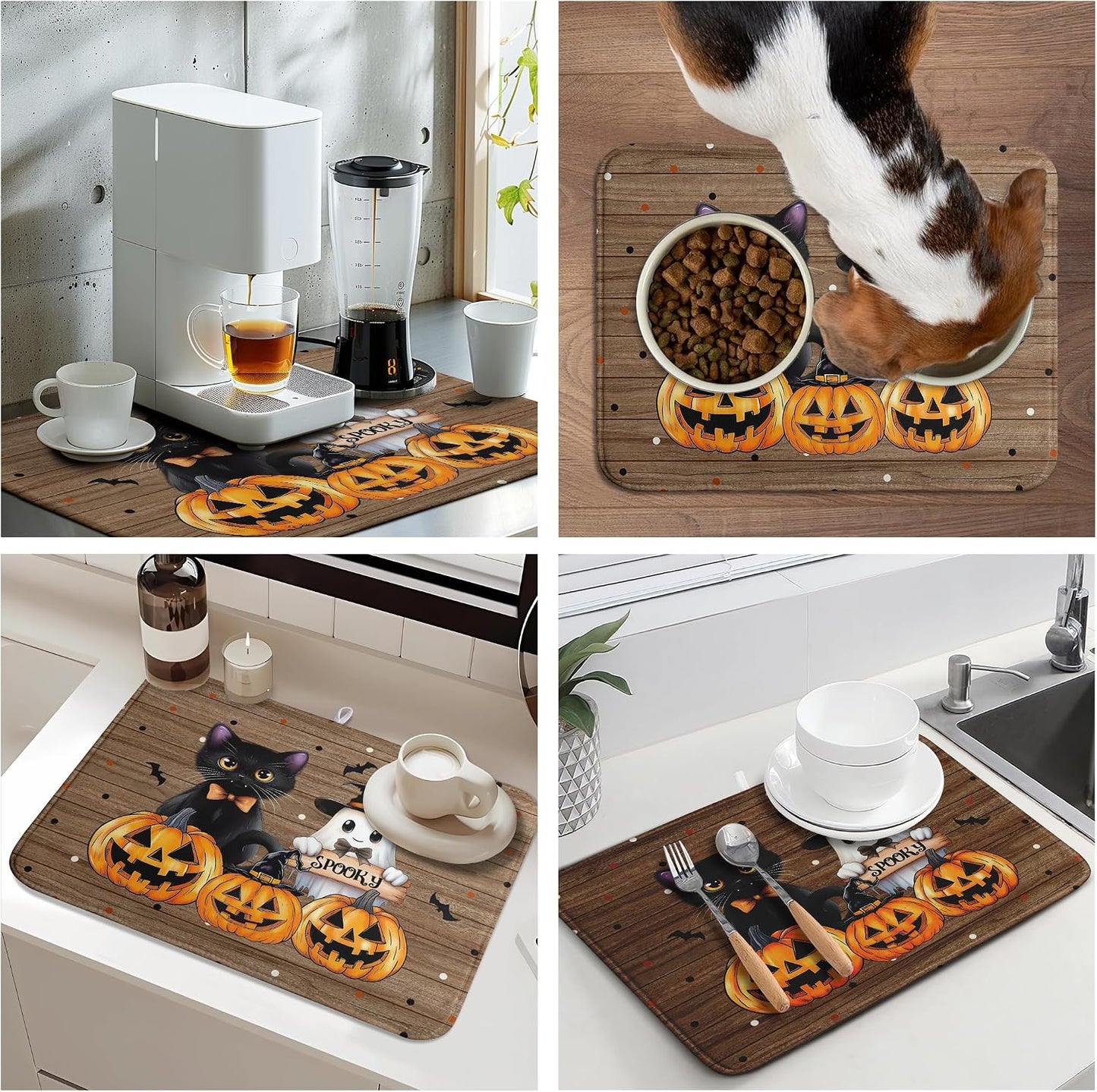 Halloween Spooky Pumpkin Dish Drying Mats Ghost Dish Mat Kitchen Cat Large Drying Matt Dishes Dryer Pad for Kitchen Counter Absorbent Microfiber Washable Foldable Reusable 18x24 in