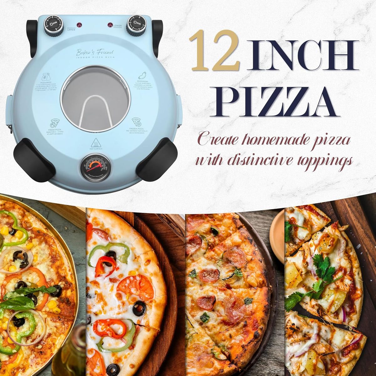 Baker’s Friend Electric Pizza Oven Indoor Countertop, 12 Inch Pizza Maker Machine for Home, Pizza Cooker & Pizza Grill, Premium Glazed Ceramic Stone Pizza Oven, Chilli Red