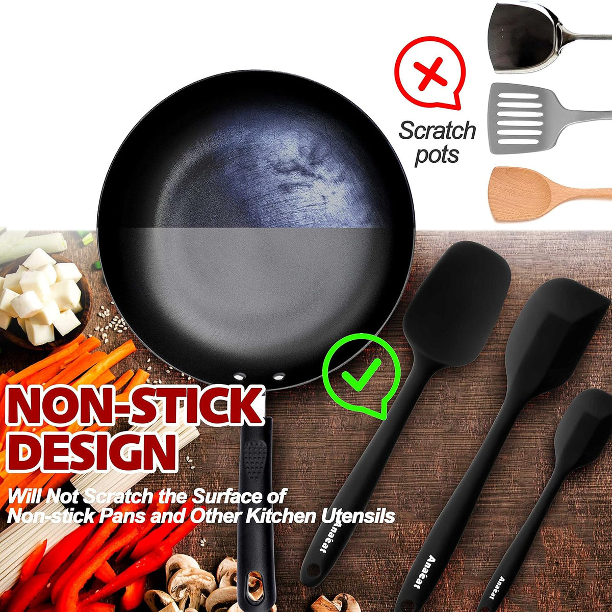 Anaeat 4 Piece Silicone Spatula Set - Seamless One-Pieces Design - Non Stick Rubber Spatulas Kitchen Scraper for Baking, Cooking, Scraping &amp; Mixing, Heat Resistant &amp; BPA Free &amp; Dishwasher Safe (Black)