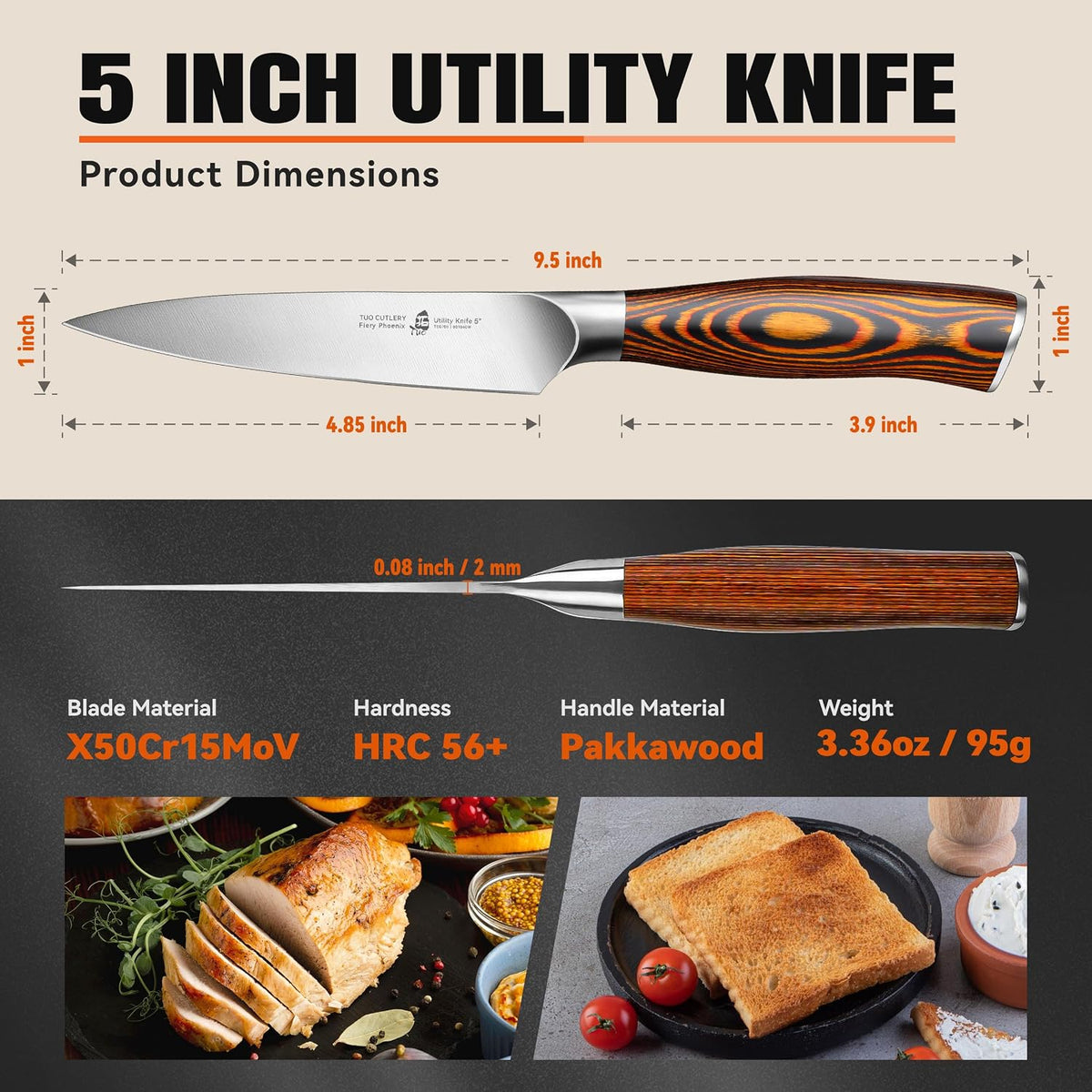 TUO Utility Knife, 5 inch Small Kitchen Knife for Paring &amp; Slicing, with Ergonomic Pakkawood Handle, High Carbon German Stainless Steel - Fiery Phoenix Series