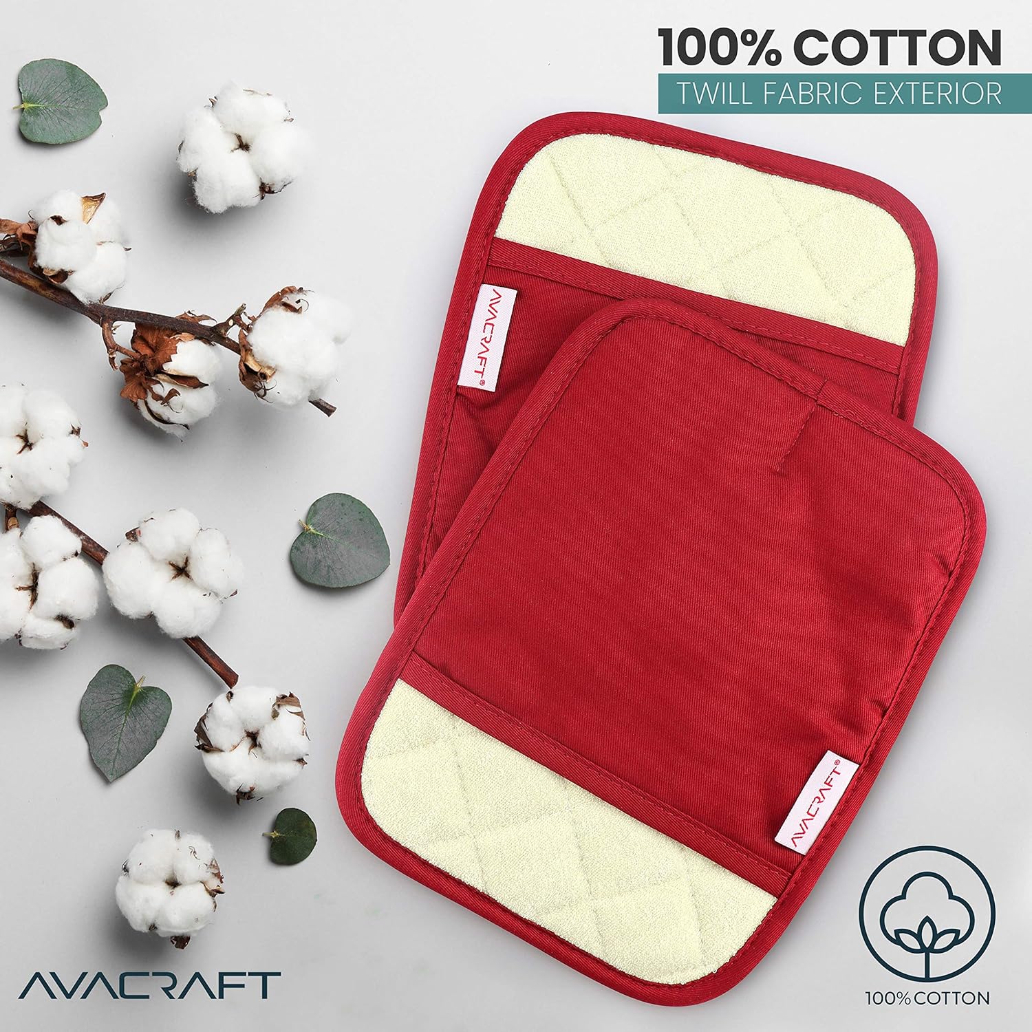 AVACRAFT Red Pot Holders Set, Flexible, 100% Cotton with Non-Slip Heat Resistant Silicone Design, Thick Terry Cloth