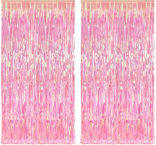 BRAVESHINE Clear Pink Streamers Party Curtain | Iridescent Fringe Backdrop | 2PCS 3.2x6.5ft Holographic Tinsel Curtain Photo Backdrop for Girls/Birthday/Bridal Shower/Bachelorette/Engagement Decorations