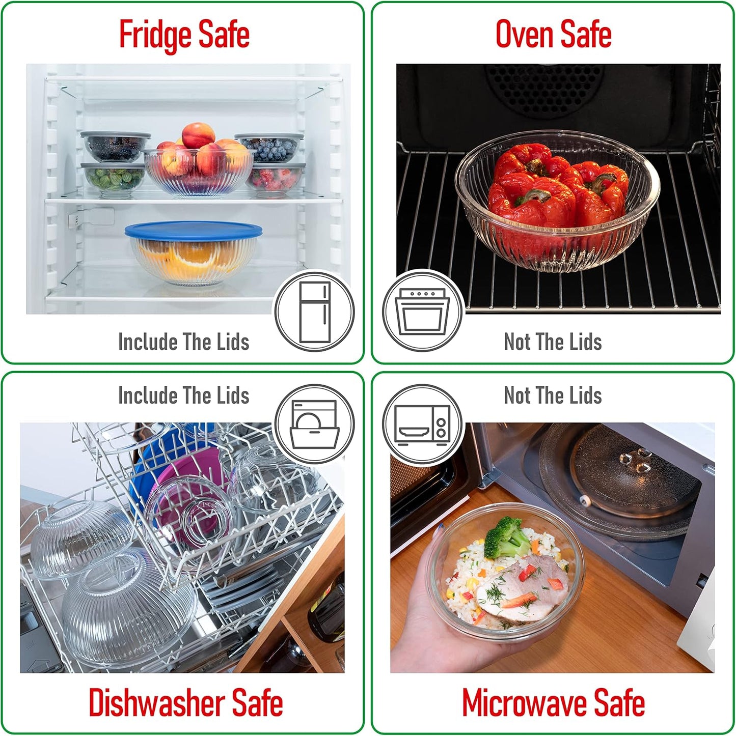Set of 6 Stackable Space-Saving Nesting Glass Bowls | with BPA Free Lids for Foodprep, Storage, Baking, Mixing &amp; Cooking, Microwave Safe - Durable Inert Borosilicate Glass