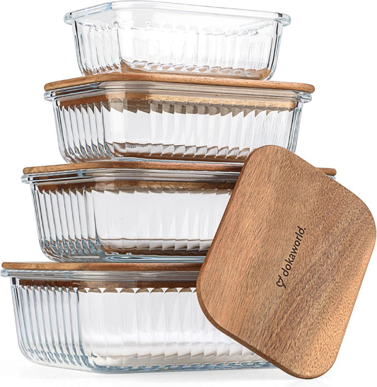 Set of 4 Stackable Space-Saving Nesting Glass Bowls with Airtight Acacia Lids for Lunch, Meal & Food Prep - Microwave &