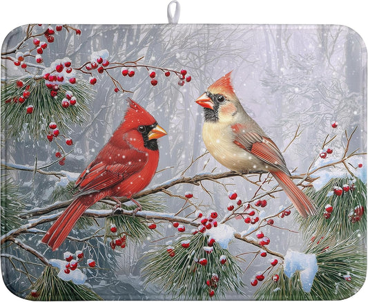 Winter Cardinal Birds Dish Drying Mats Christmas Snowflake Dish Mat Kitchen Tree Large Drying Matt Dishes Dryer Pad for