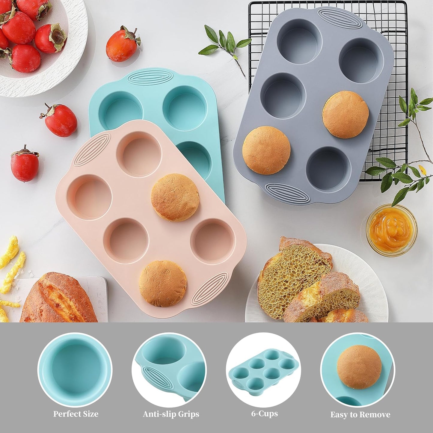 XZZWLL 3 Pack Silicone Muffin Pan, 6 Cup Nonstick Cupcake Molds for Baking