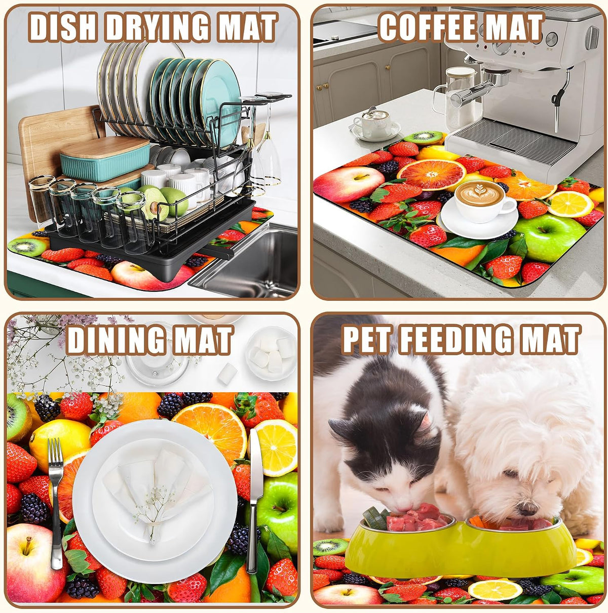 Fresh Fruits Dish Drying Mat for Kitchen Counter Coffee Bar Mat Hide Stain Absorbent Non-Slip Rubber Backed Drying Rack Pad Espresso Machine Coffee Bar Accessories 11.8 x 19.7 Inch