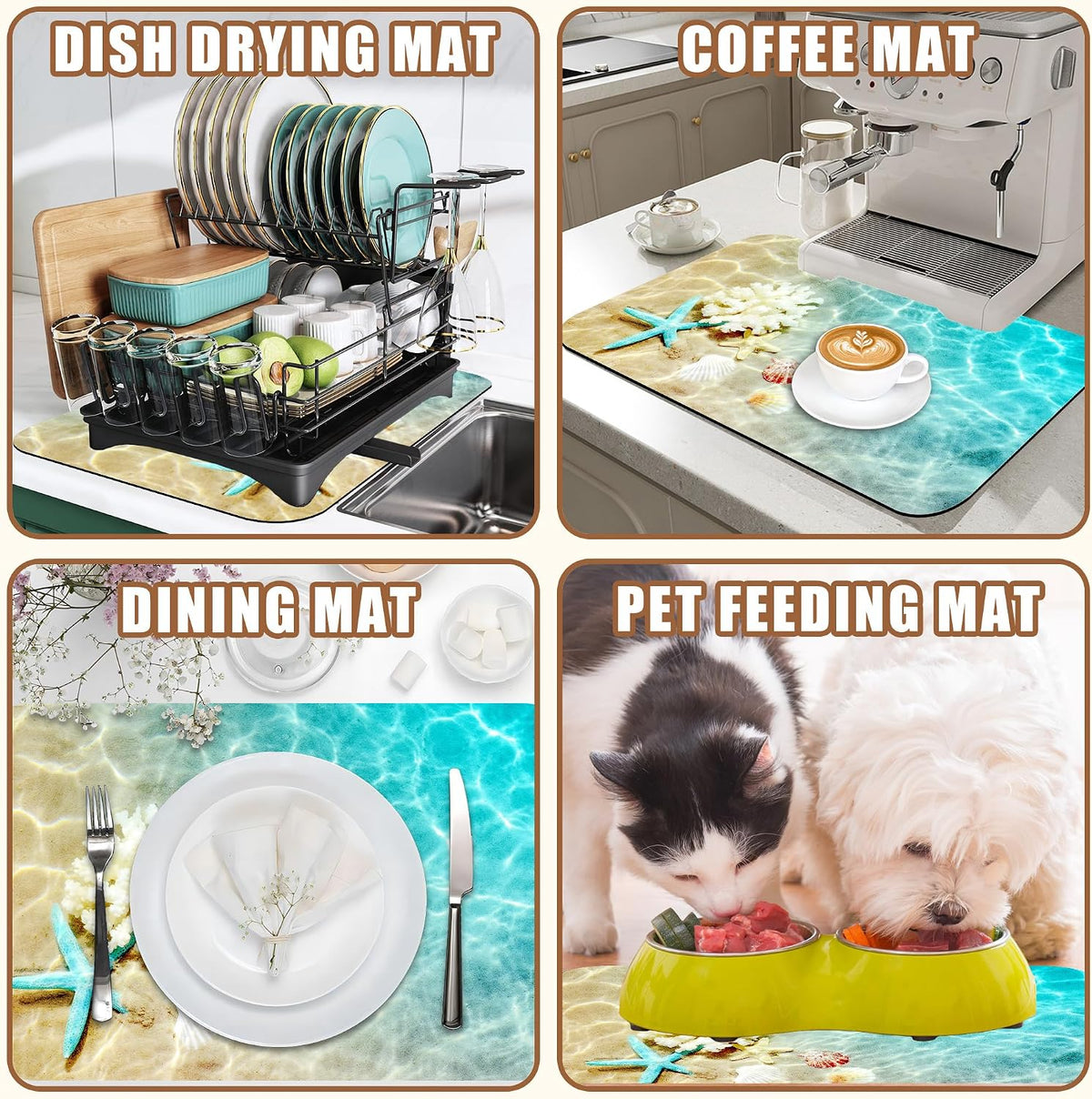 Starfish and Seashell Coffee Mat Beach Dish Drying Mat for Kitchen Counter Hide Stain Rubber Backed Absorbent Coffee Bar Accessories Fit Under Coffee Maker Coffee Pot Espresso Machine 11.8 x 19.7 Inch