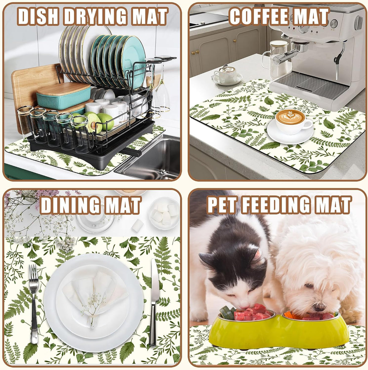 Green Leaf Coffee Mat Herb Dish Drying Mat for Kitchen Counter Hide Stain Rubber Backed Absorbent Coffee Bar Accessories Fit Under Espresso Machine Cafe Table, 11.8 x 19.7 Inch