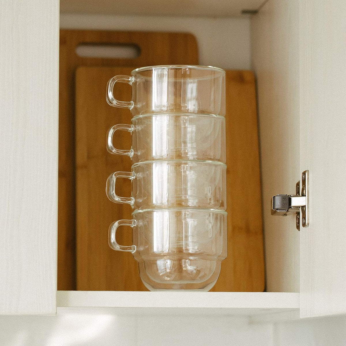 BTaT- Double Walled Stackable Glass Coffee Mugs, 12 oz, Set of 4, Glass Coffee Cups with Handle, Insulated Clear Coffee Mug for Hot and Cold Beverages, Cappuccino, Latte, Tea, Americano
