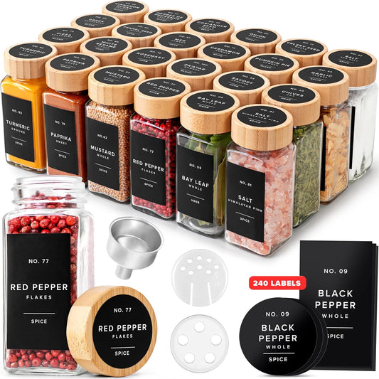 EDELHAUS® Square Spice Jars with Bamboo Wooden Lid (Pack of 24) Spice Jars with Shaker Insert and 240 Labels - Bamboo Lid