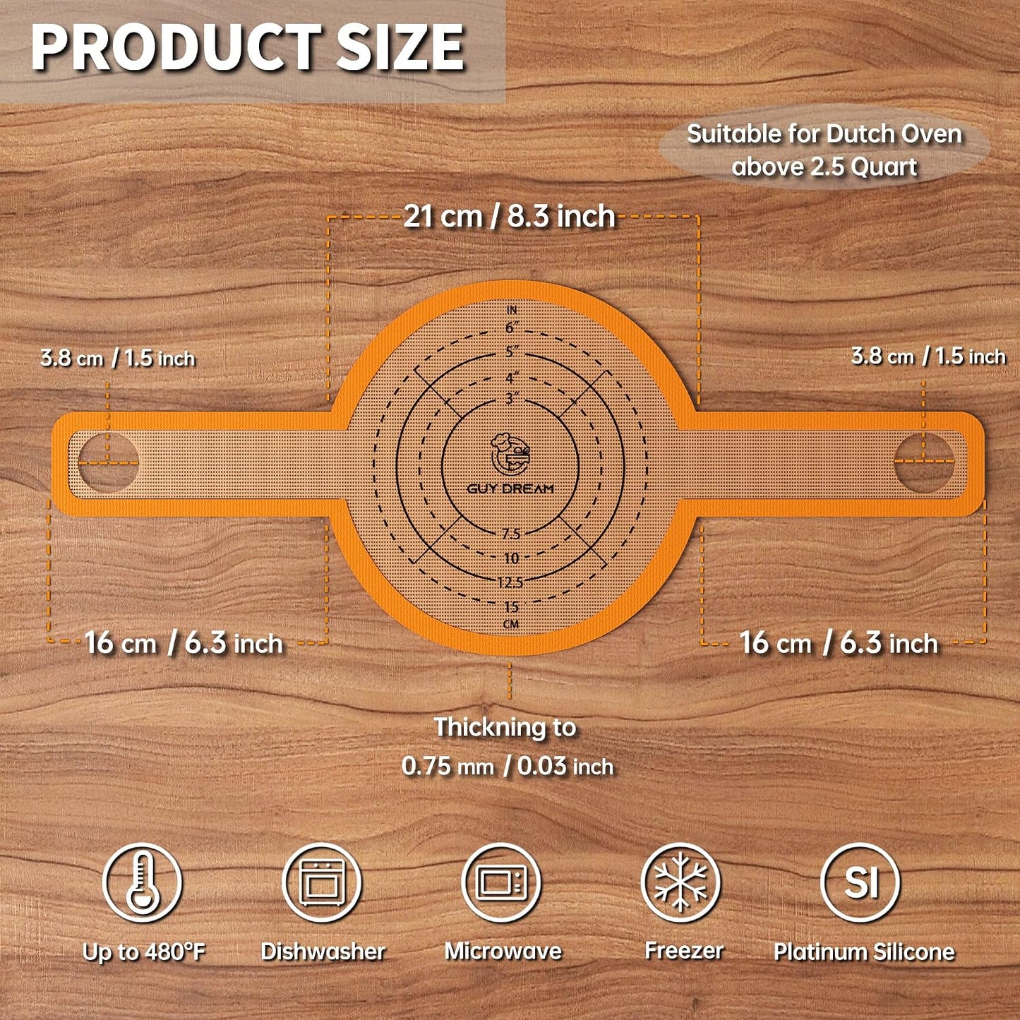 GUYGUYDREMAT Bread Sling for Dutch Oven – Heavy-Duty Reusable Silicone Baking Mat with Finger-Loop Handles, Non-Stick Sourdough Bread Liner, Fits 8–9 Inch Baskets (2-Pack, High-visibility Orange)
