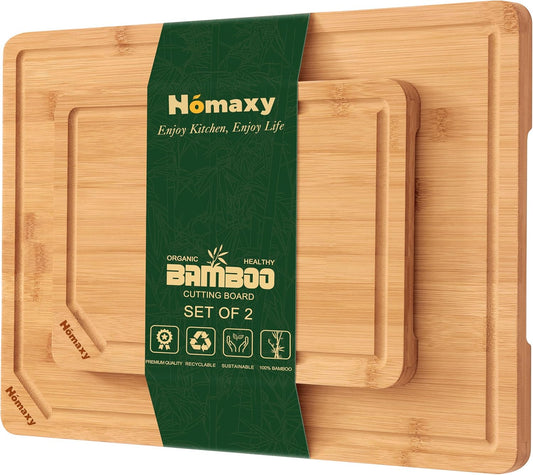 Homaxy Organic Bamboo Cutting Boards Set for Kitchen Set of 2, Wooden Cutting Board Set with Juice Groove and Handles,