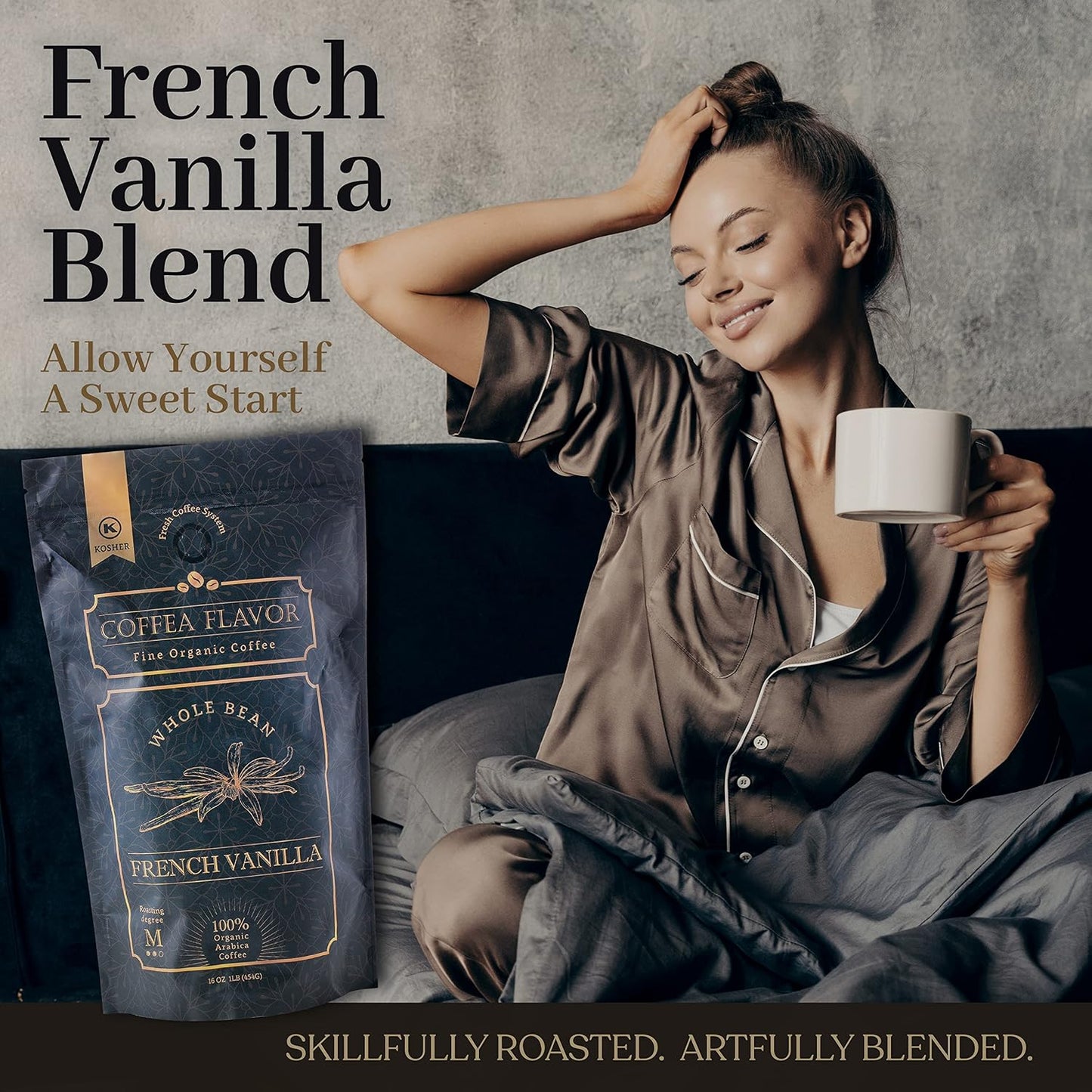 Organic Whole Bean Coffee Medium Roast (16oz) - French Vanilla Flavored | 100% Arabica, Single Origin and Low Acid - USDA Organic and Fair Trade Certified - Naturally Flavored Without Additives