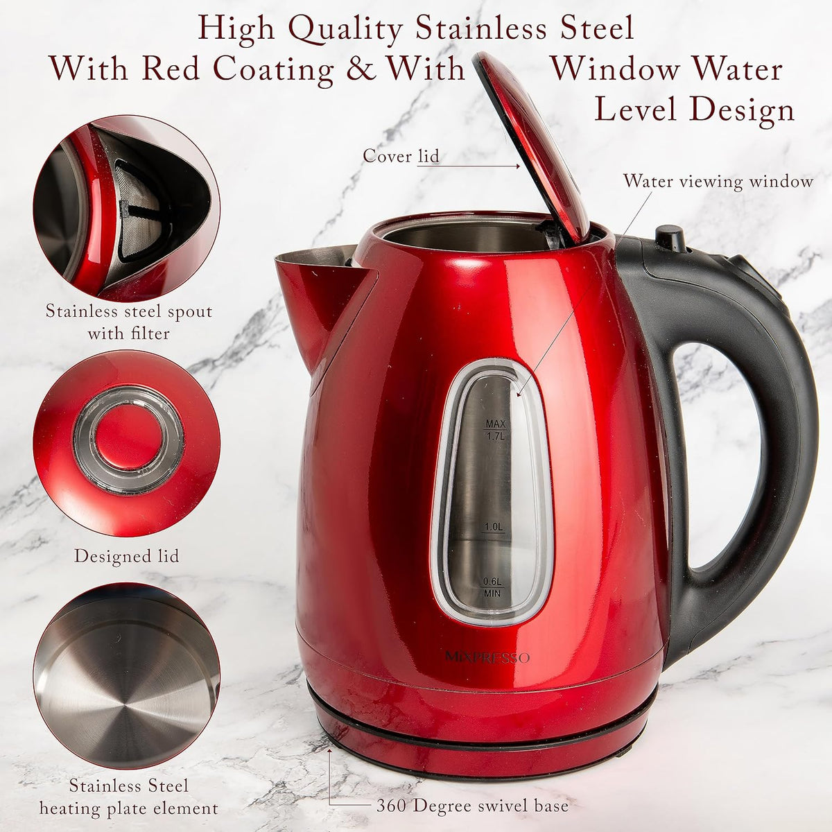 Mixpresso Red Stainless Steel Electric Kettle, 1.7L Cordless 1500W