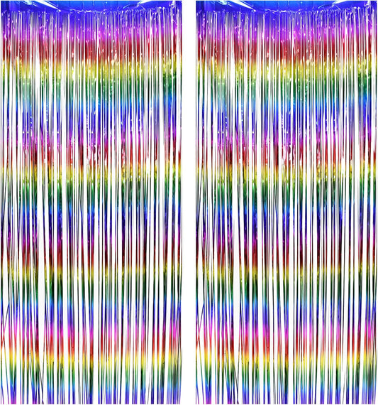 BRAVESHINE Fringe Backdrop Tinsel Foil Curtains - 2 Pack Colorful Metallic Streamers Backdrops for Doorway