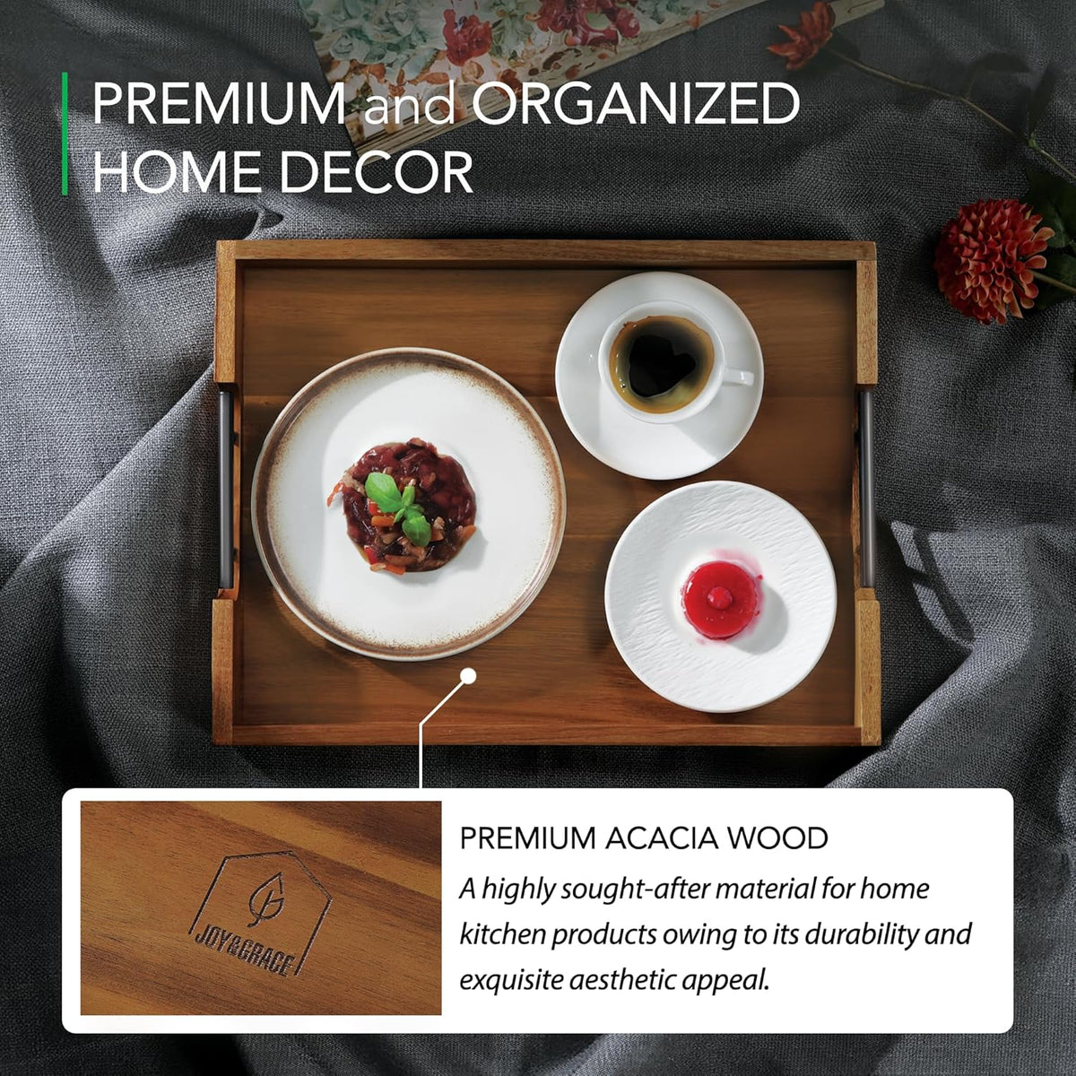Joy&amp;Grace Acacia Wood Ottoman Tray with Handles 16.7" x 12.8" | Large Acacia Wooden Serving Tray for Coffee Table Living Room, Breakfast in Bed, Food Dinner, Kitchen, Couch (Color Natural)