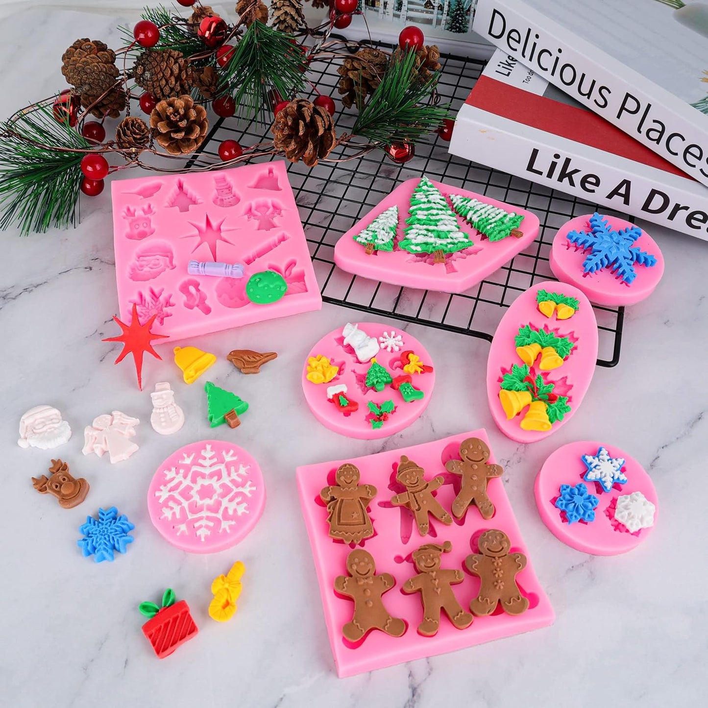 Christmas Silicone Molds Snowflake Molds Mini Xmas Fondant Chocolate Candy Cake Molds Christmas Snowman Tree Snowflake Holly Leaves Santa Claus