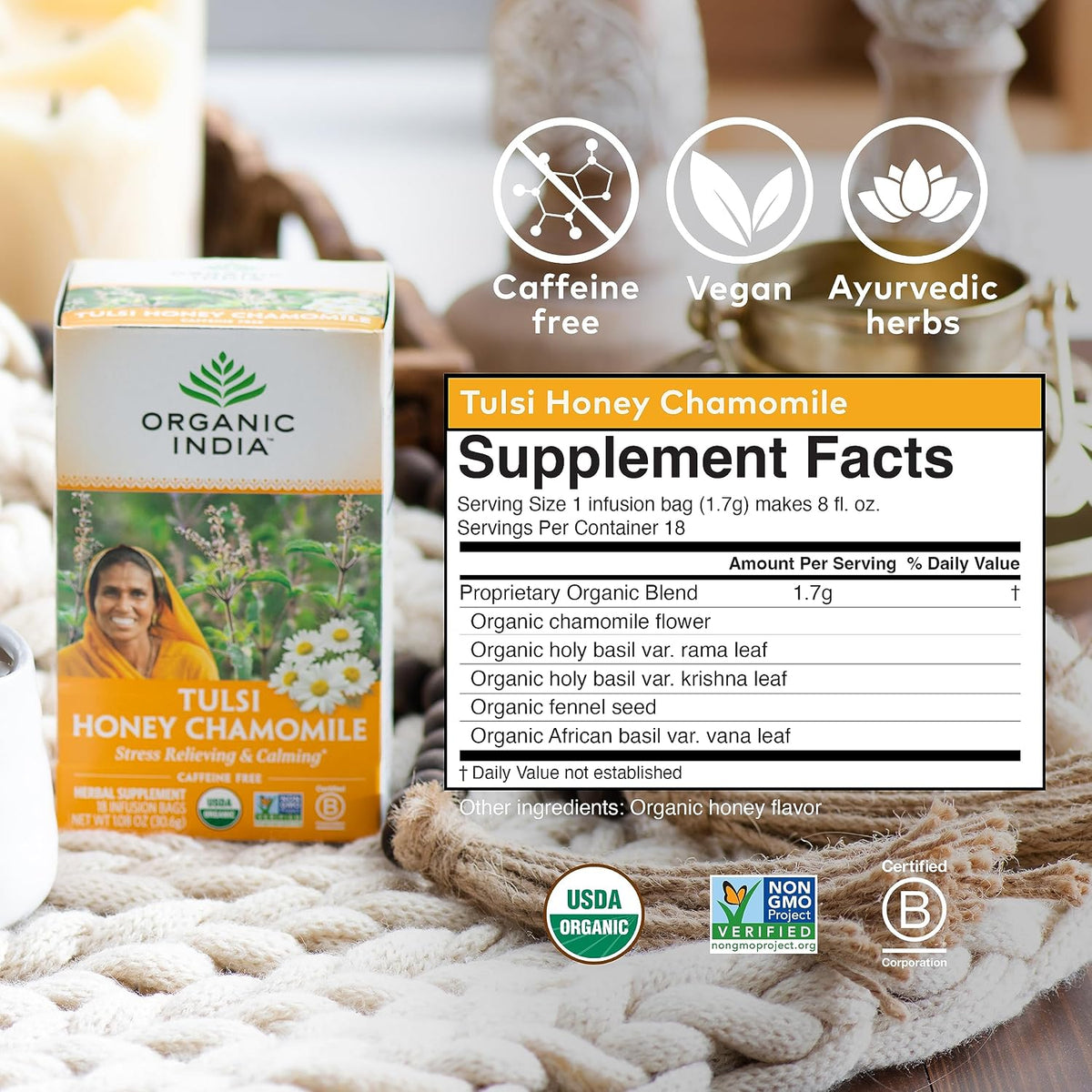 Organic India Tulsi Honey Chamomile Herbal Tea - Holy Basil, Stress Relieving &amp; Calming, Immune Support, Adaptogen, Vegan, USDA Certified Organic, Caffeine-Free - 18 Infusion Bags, 6 Pack